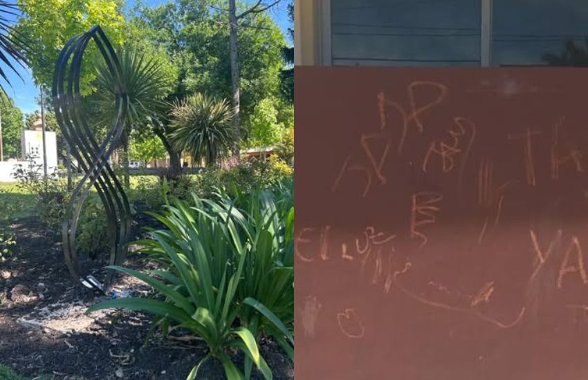 Vandalizaron canteros de la Plaza San Martín y una pared del Vestuario Caranday